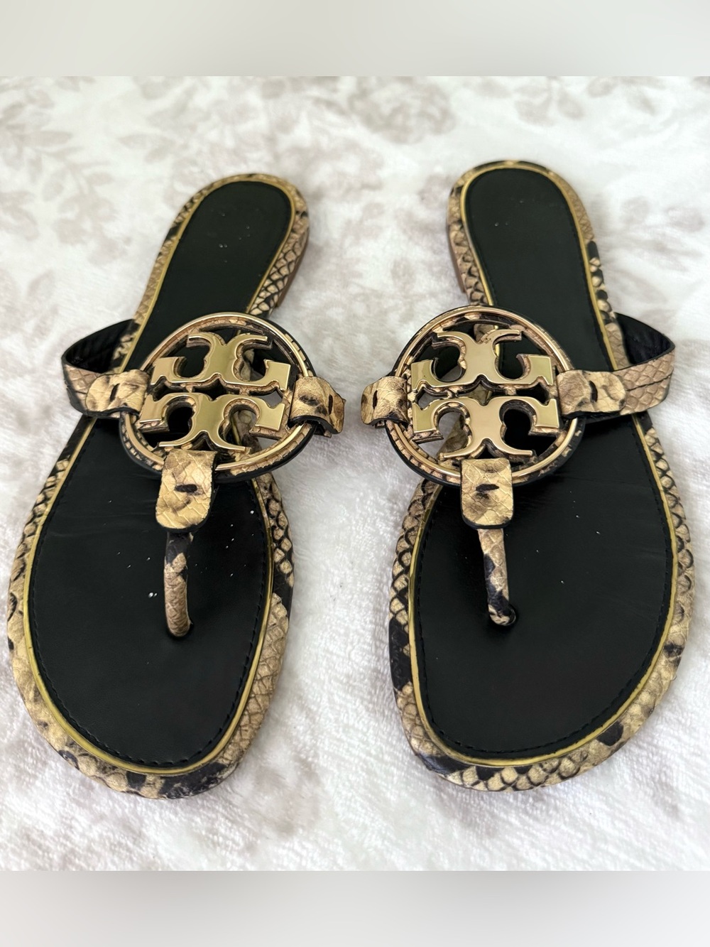 Tory Burch Metal Miller Flat Sandals Snake Print Black Leather